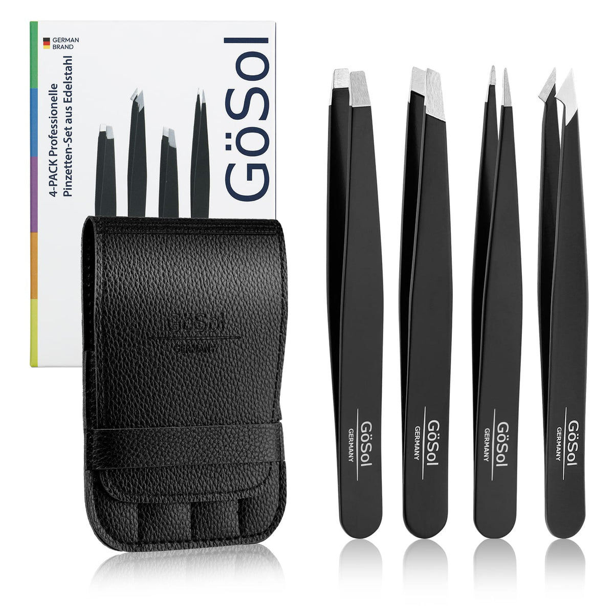 GöSol 4-Piece Professional Tweezers Set – Precision Slant, Pointed & Flat Tips, Stainless Steel, Black