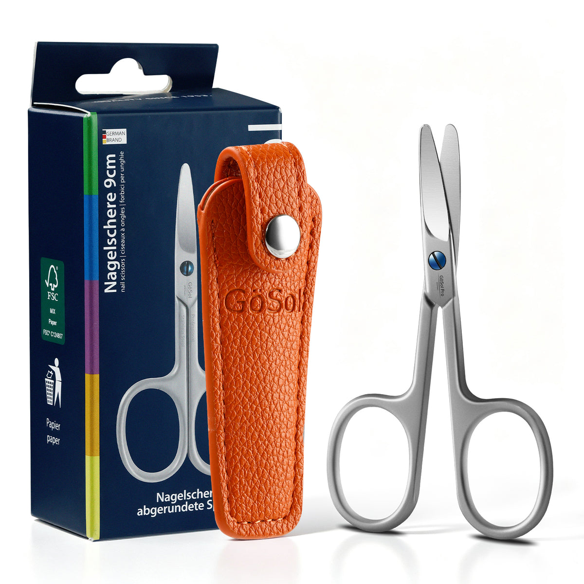 GöSol Eyebrow Scissors – Rounded Safety Tips, 25° Angled Design, 420 Stainless Steel, Orange Leather Case