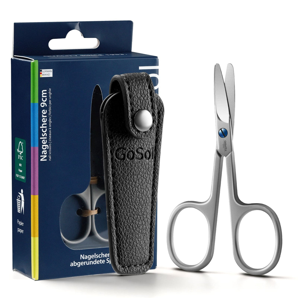 GöSol Eyebrow Scissors – Rounded Safety Tips, 25° Angled Design, 420 Stainless Steel, Black Leather Case