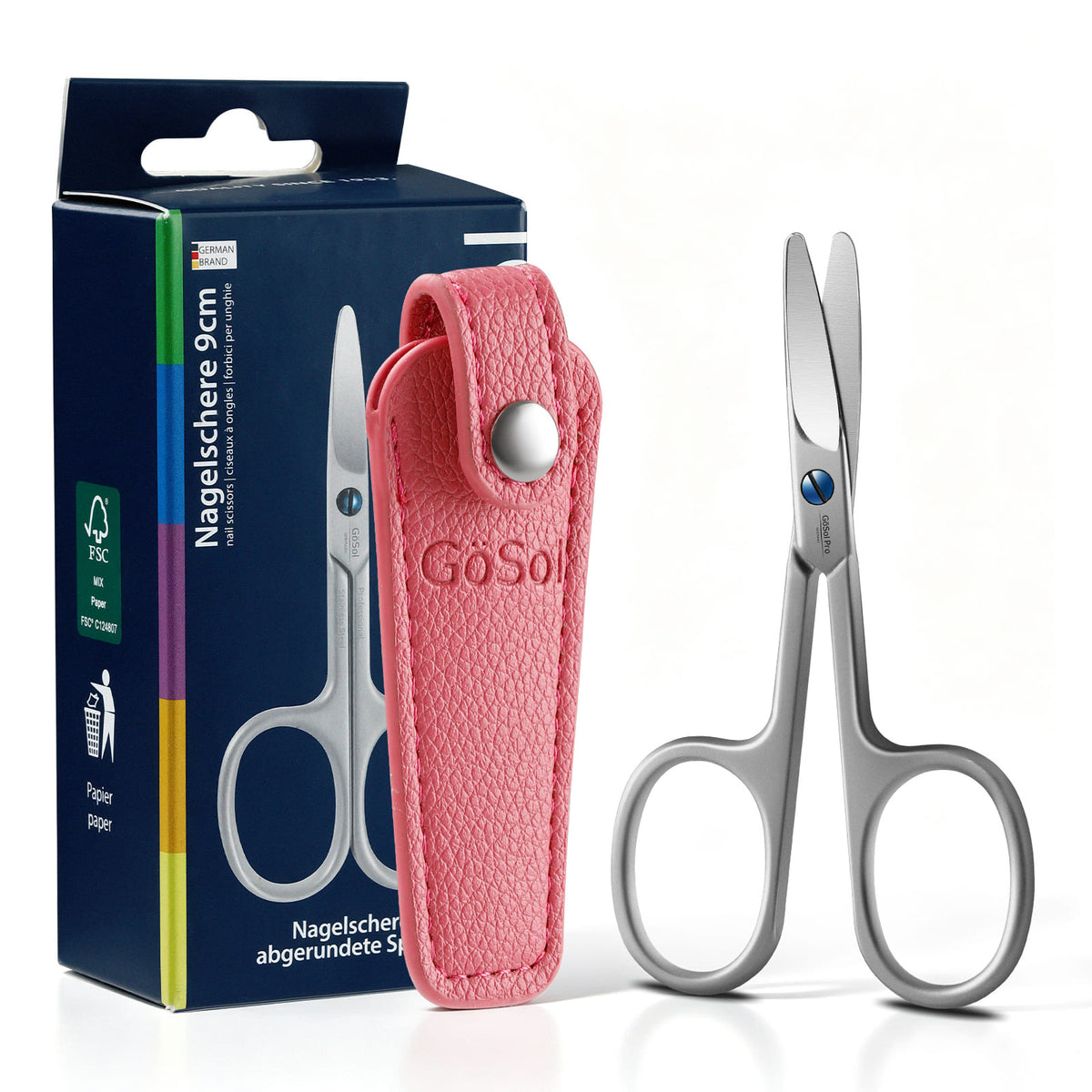GöSol Eyebrow Scissors – Rounded Safety Tips, 25° Angled Design, 420 Stainless Steel, Pink Leather Case