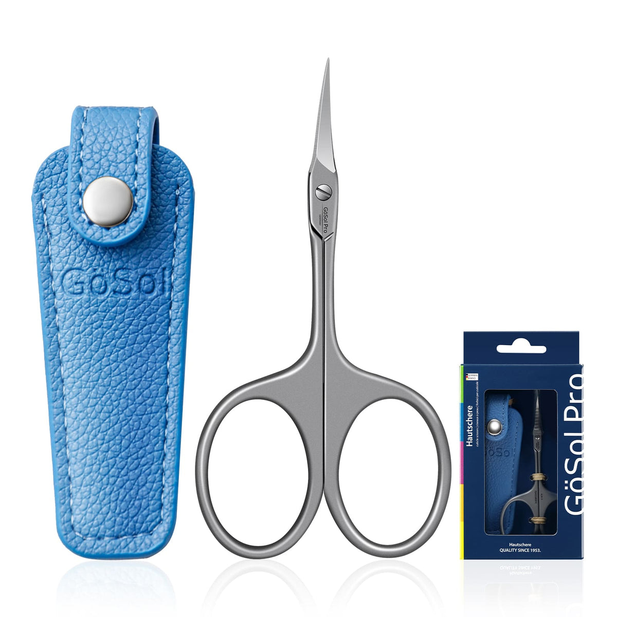 GöSol Pro Cuticle Scissors – Extra Fine Curved, Large Finger Rings, with Blue Case