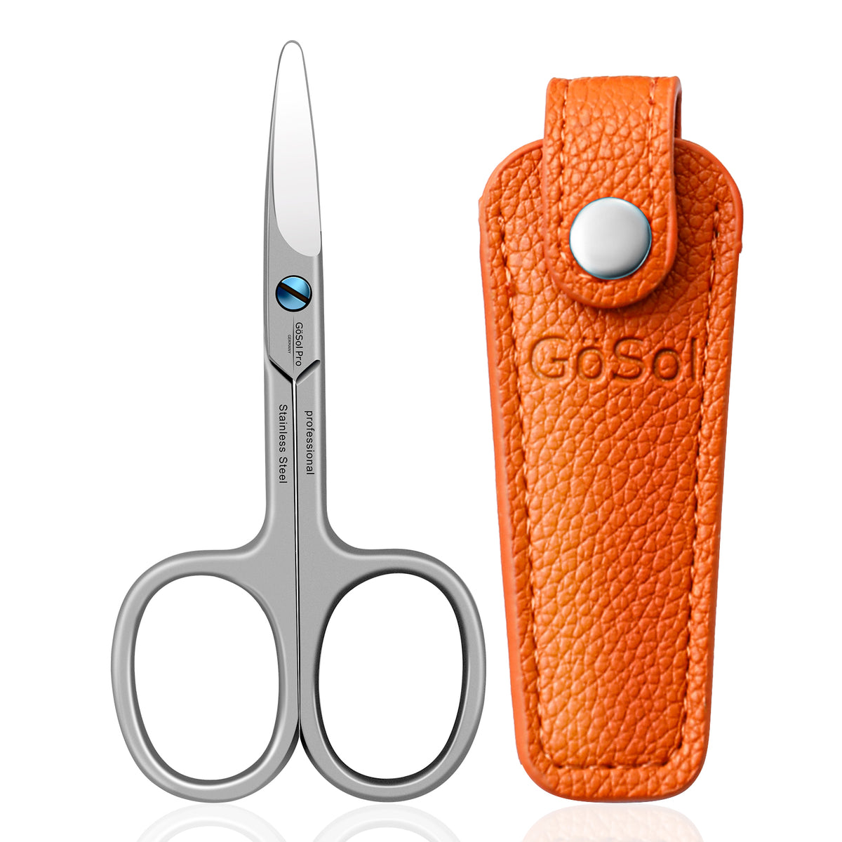 GöSol Eyebrow Scissors – Rounded Safety Tips, 25° Angled Design, 420 Stainless Steel, Orange Leather Case