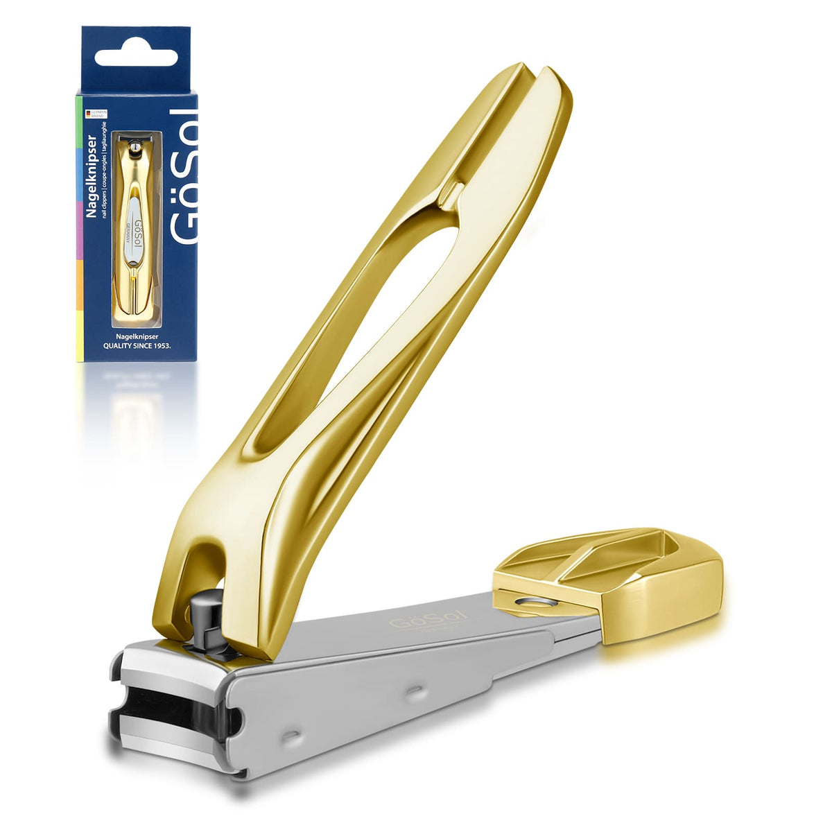 GöSol Anti-Splash Nail Clippers – Carbon Steel, Sharp Curved Blades, Nail Catcher, Secure Grip, Gold