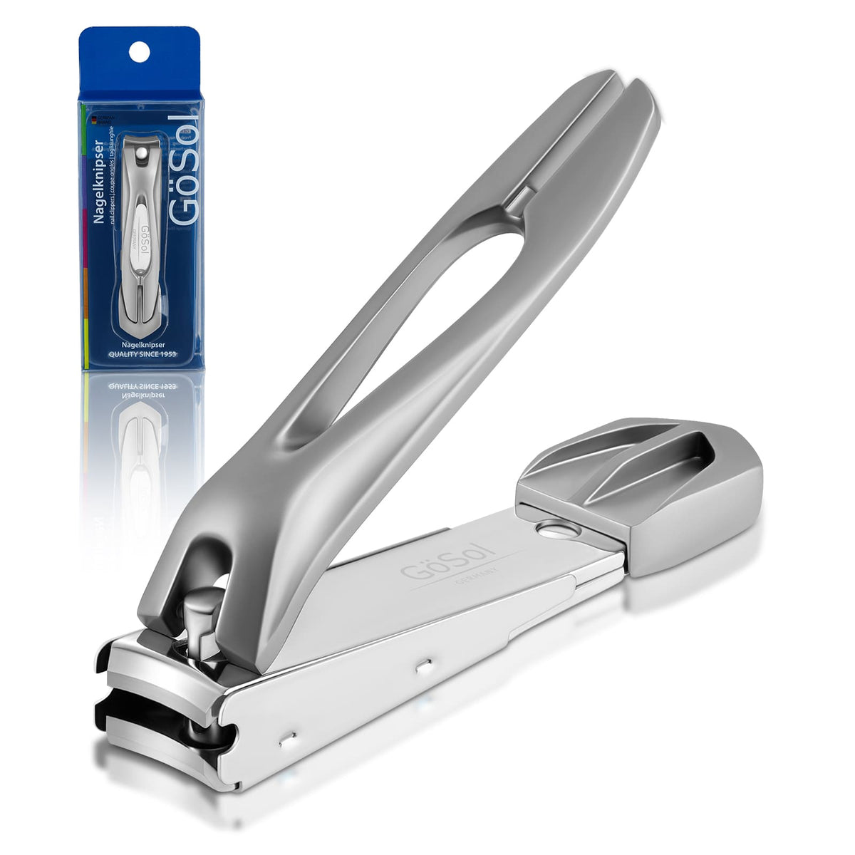 GöSol Anti-Splash Nail Clippers – Carbon Steel, Sharp Curved Blades, Nail Catcher, Secure Grip, Silver