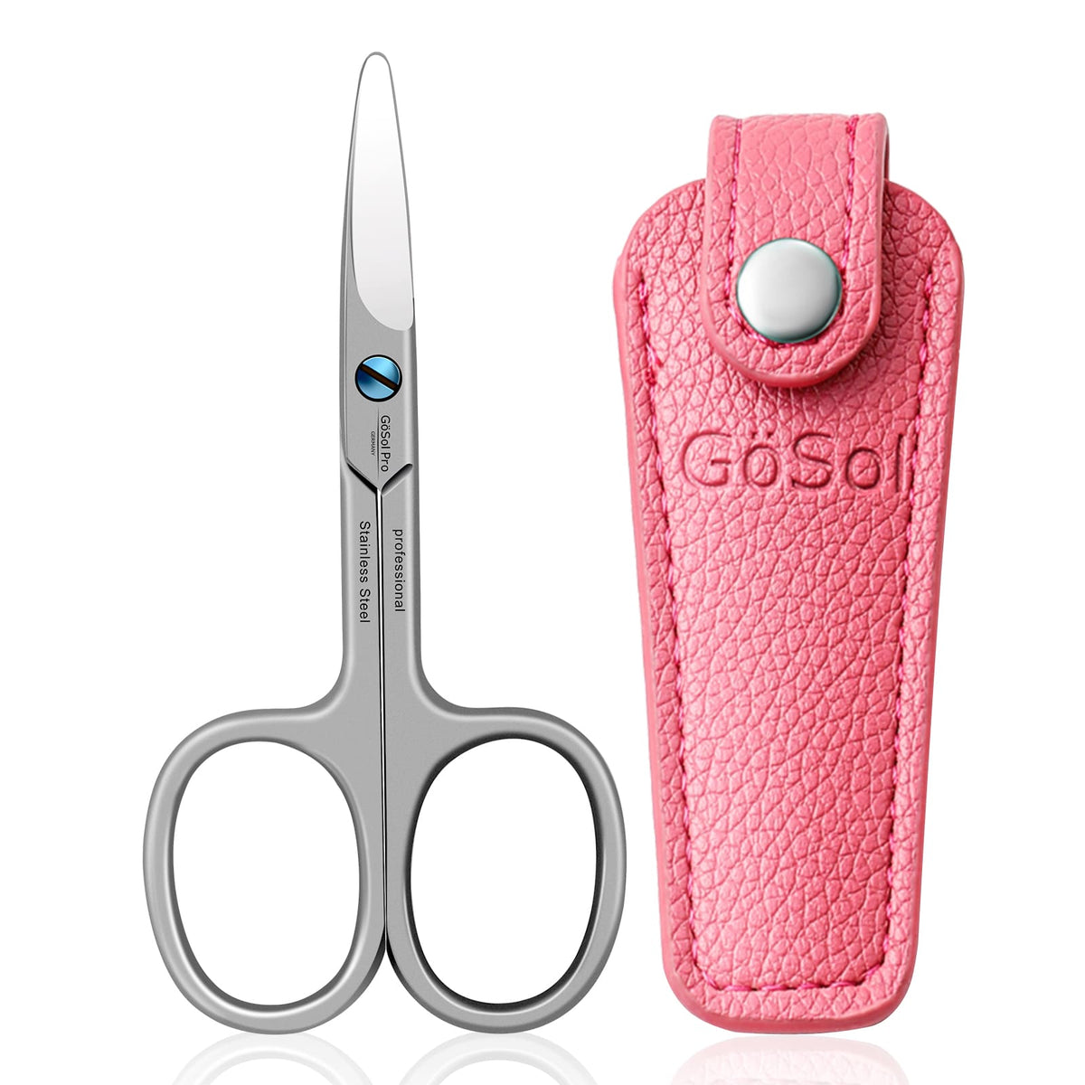 GöSol Eyebrow Scissors – Rounded Safety Tips, 25° Angled Design, 420 Stainless Steel, Pink Leather Case