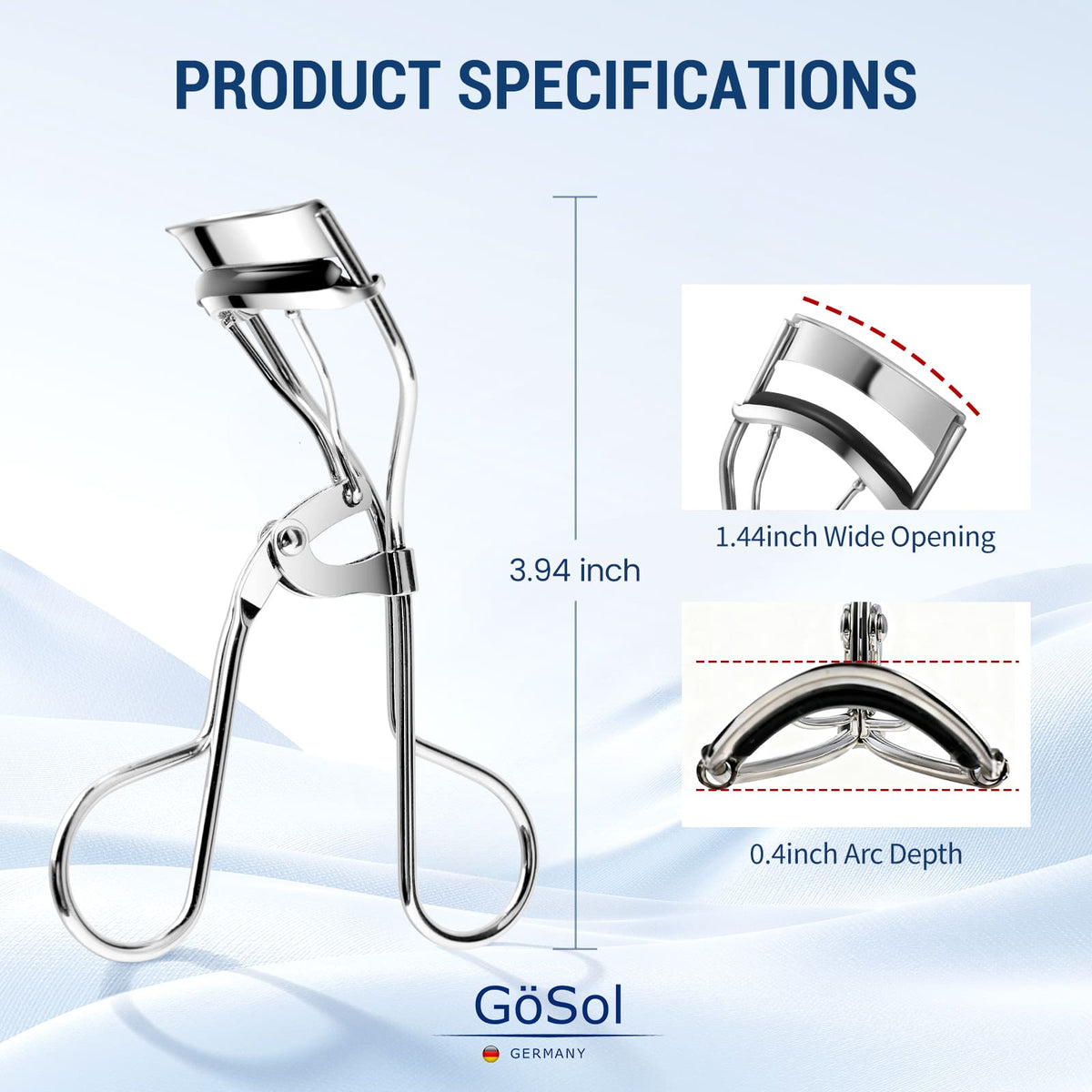 GöSol Eyelash Curler with 3 Refill Pads – Carbon Steel, Anti-Pinch, Fits Most Eye Shapes, Silver