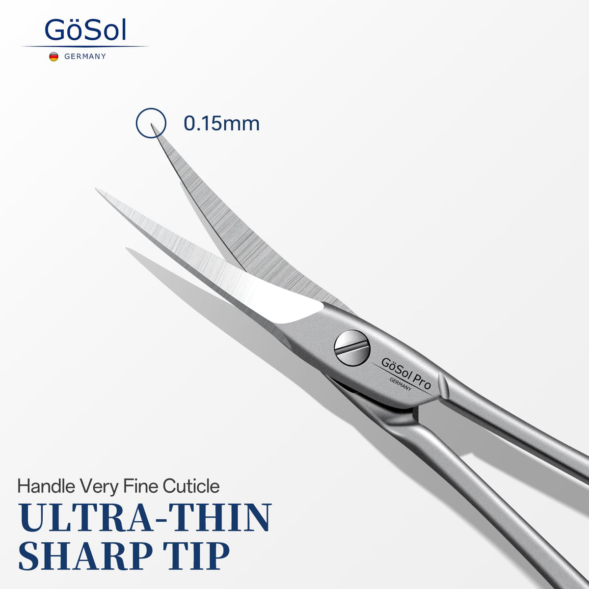 GöSol Pro Cuticle Scissors – Extra Fine Curved, Large Finger Rings, with Blue Case