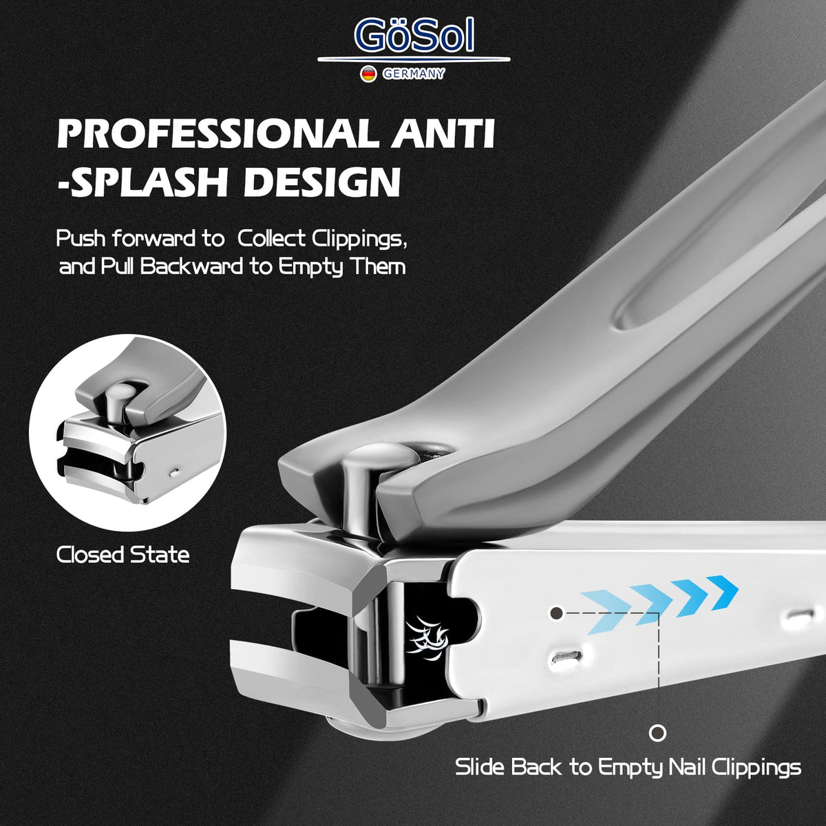 GöSol Anti-Splash Nail Clippers – Carbon Steel, Sharp Curved Blades, Nail Catcher, Secure Grip, Silver