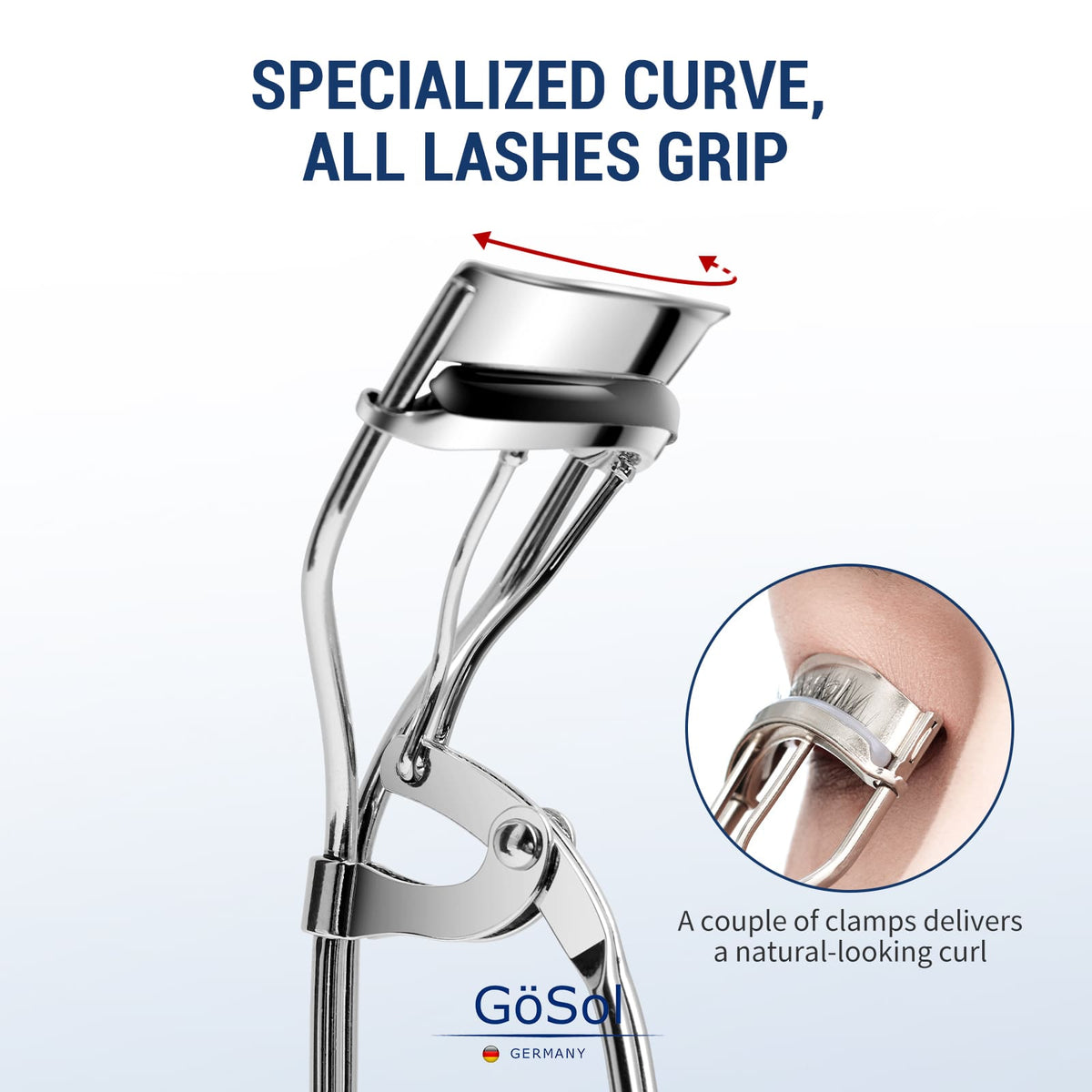 GöSol Eyelash Curler with 3 Refill Pads – Carbon Steel, Anti-Pinch, Fits Most Eye Shapes, Silver