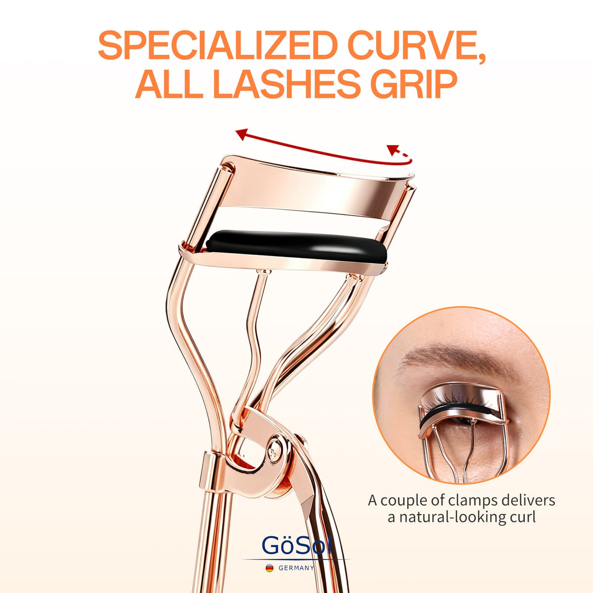 GöSol Eyelash Curler with 3 Refill Pads – Rose Gold, Anti-Pinch, Fits Most Eye Shapes