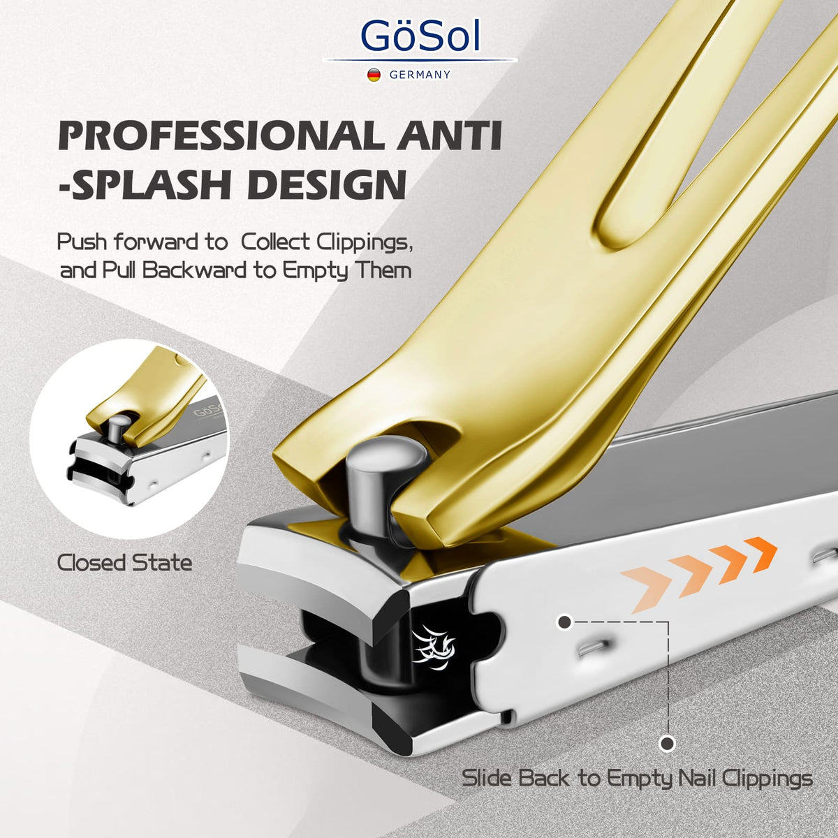 GöSol Anti-Splash Nail Clippers – Carbon Steel, Sharp Curved Blades, Nail Catcher, Secure Grip, Gold