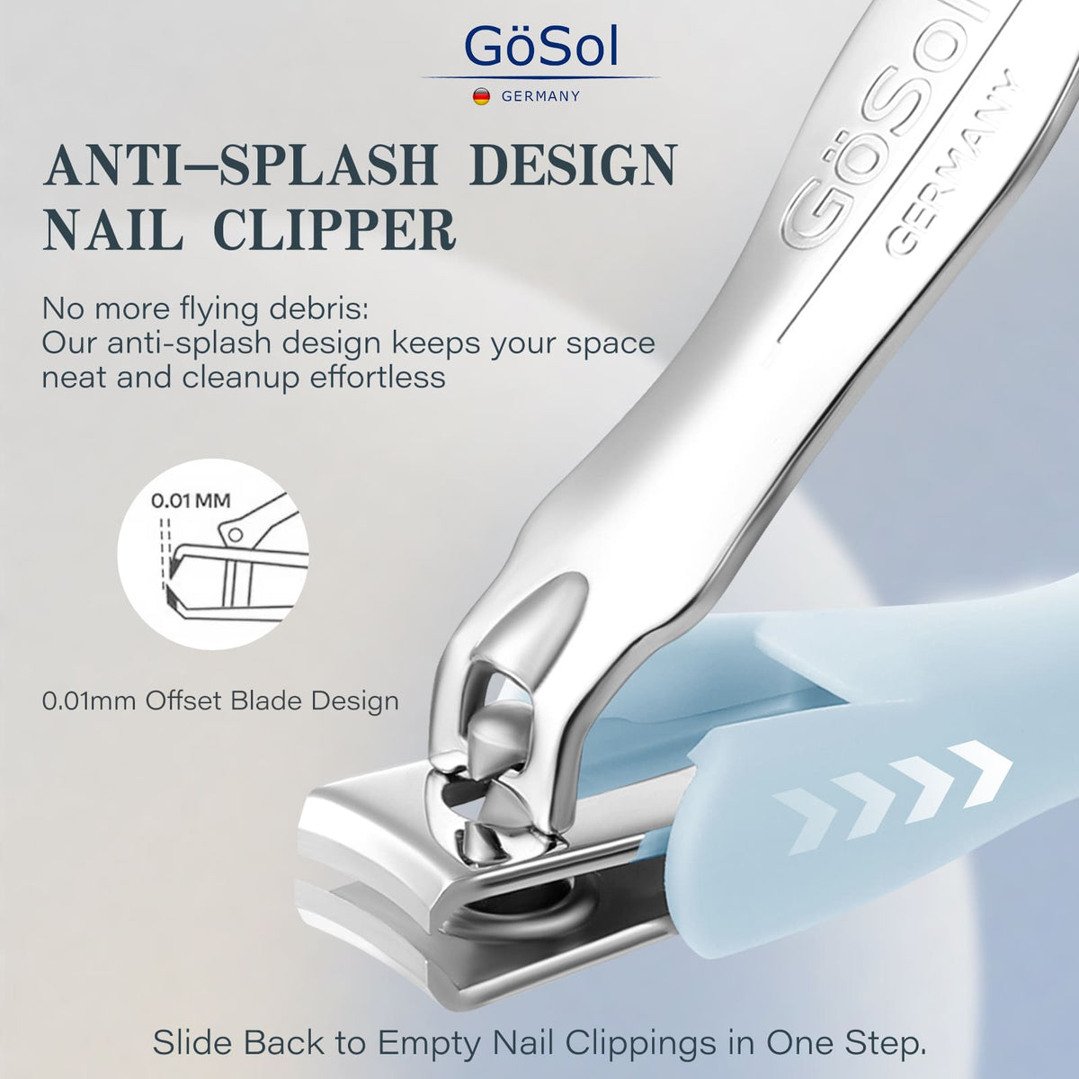GöSol Anti-Splash Nail Clippers – Sharp Curved Blades, Detachable Catcher, Soft Anti-Slip Handle