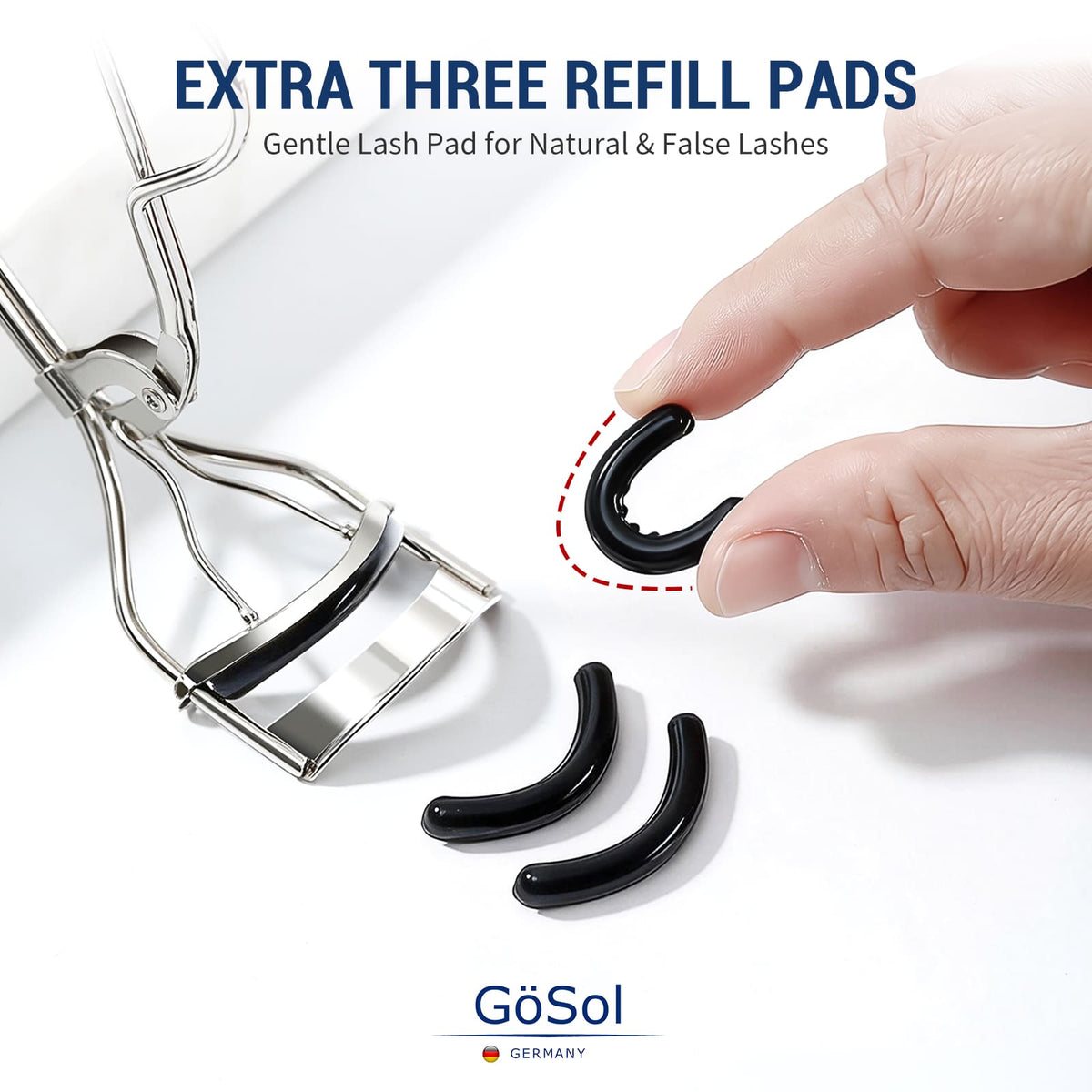 GöSol Eyelash Curler with 3 Refill Pads – Carbon Steel, Anti-Pinch, Fits Most Eye Shapes, Silver