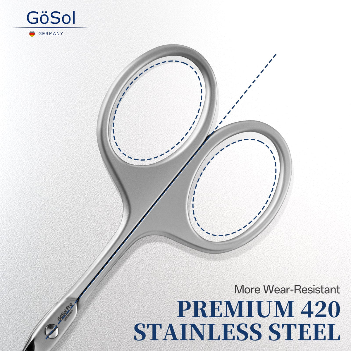 GöSol Pro Cuticle Scissors – Extra Fine Curved, Large Finger Rings, with Blue Case