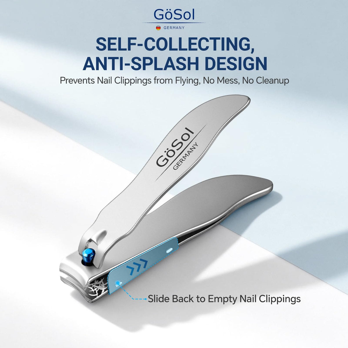 GöSol Medium Nail Clipper – Anti-Splash, Ultra-Sharp Curved Blades, Nail Catcher, Long Anti-Slip Handle, Stainless Steel