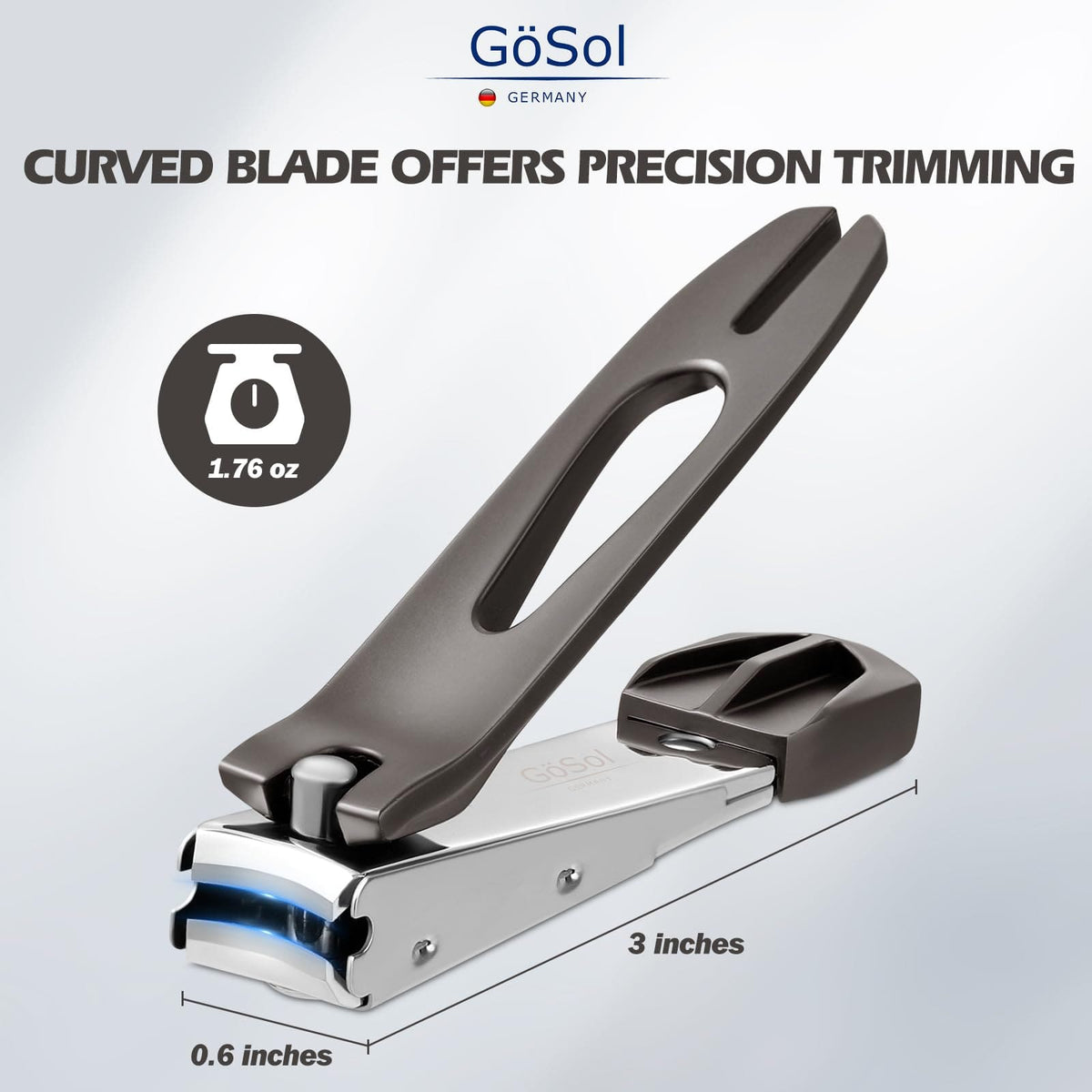 GöSol Anti-Splash Nail Clippers – Carbon Steel, Sharp Curved Blades, Nail Catcher, Secure Grip, Dark Gray