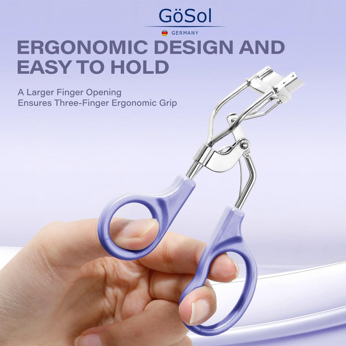 GöSol Professional Eyelash Curler with 3 Refill Pads – Stainless Steel, Wide-Angle, No Pinching, Plastic Case