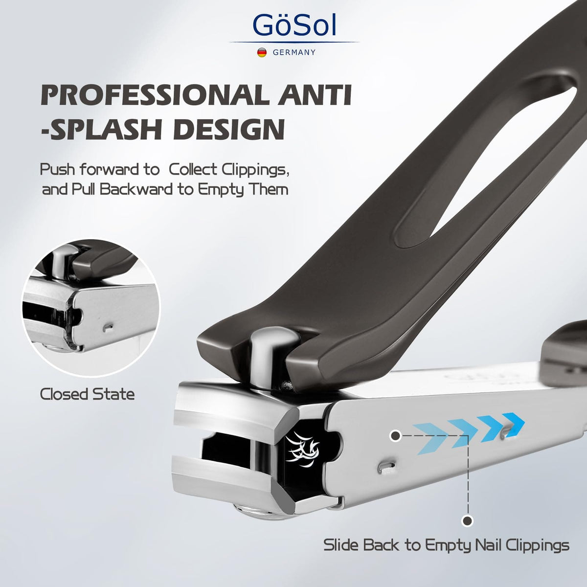 GöSol Anti-Splash Nail Clippers – Carbon Steel, Sharp Curved Blades, Nail Catcher, Secure Grip, Dark Gray