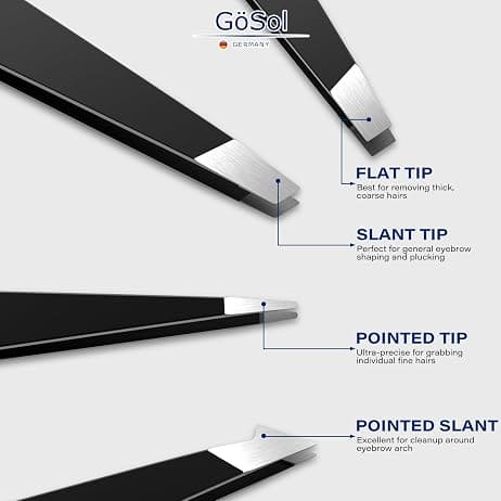 GöSol 8-Piece Professional Tweezers Set – Slant, Pointed & Flat Tips, Precision & Pain-Free Plucking