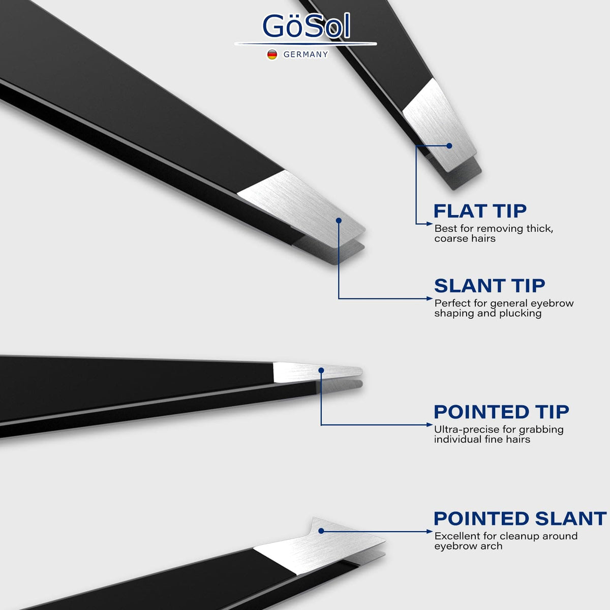 GöSol 4-Piece Professional Tweezers Set – Precision Slant, Pointed & Flat Tips, Stainless Steel, Black