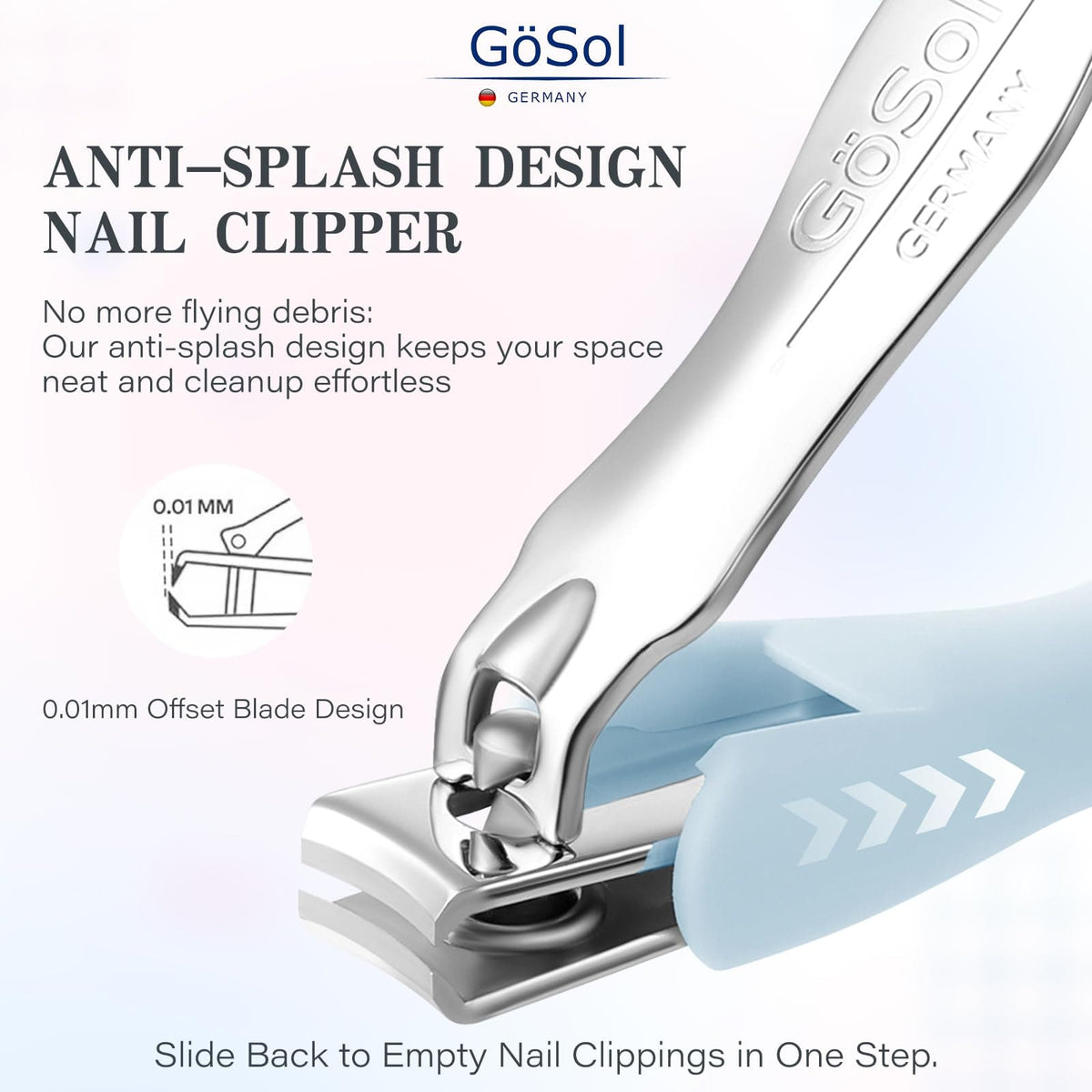 GöSol 2-Piece Nail Clipper Set with Storage Bag – Anti-Splash, Sharp Curved Blades, Nano Glass File, Carbon Steel, Light Blue
