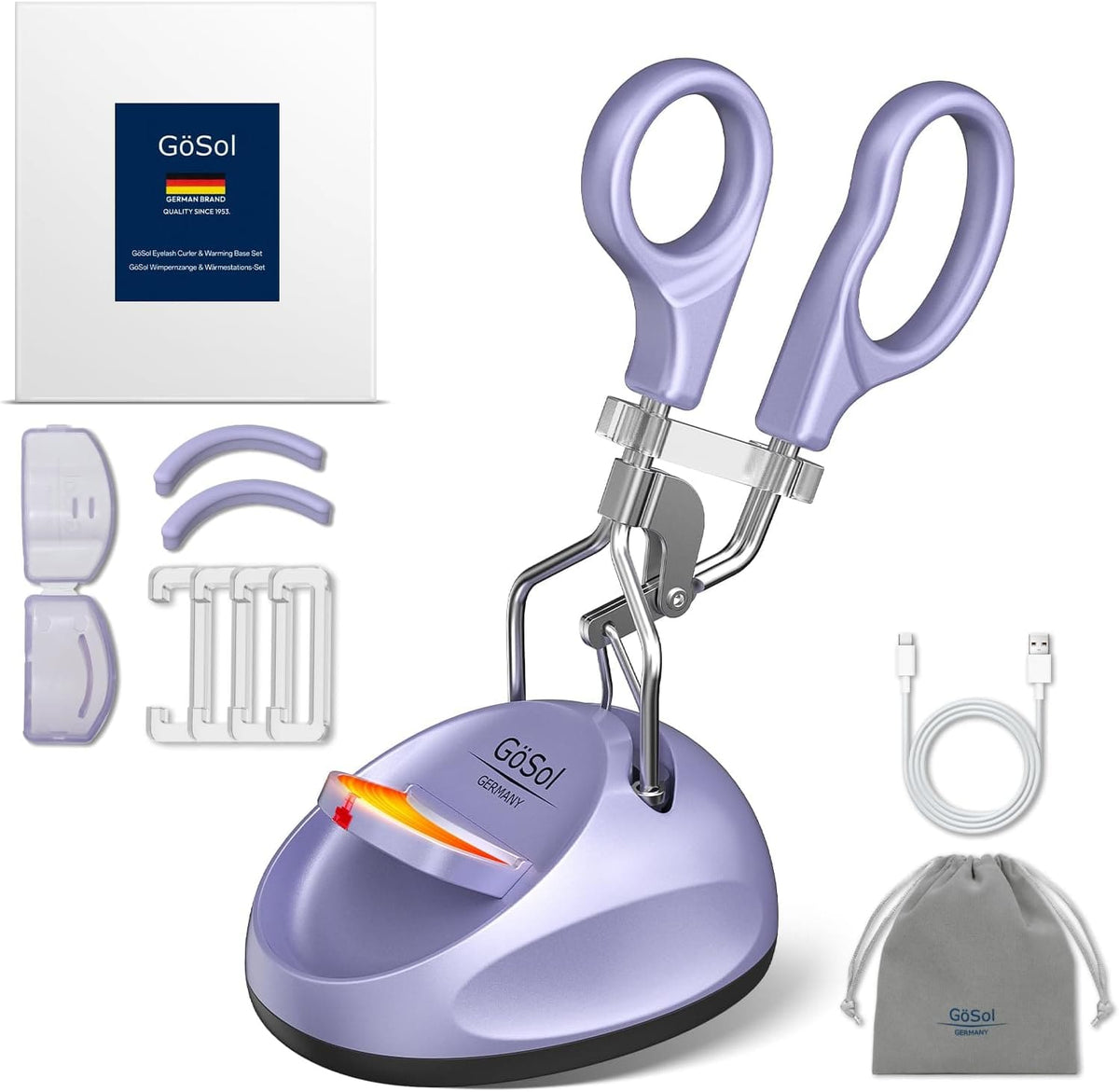 GöSol Heated Eyelash Curler Set – Warming Base, Constant Temperature, Safe Heating, USB Powered, 2 Refill Pads