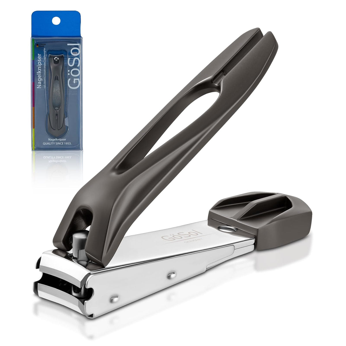 GöSol Anti-Splash Nail Clippers – Carbon Steel, Sharp Curved Blades, Nail Catcher, Secure Grip, Dark Gray