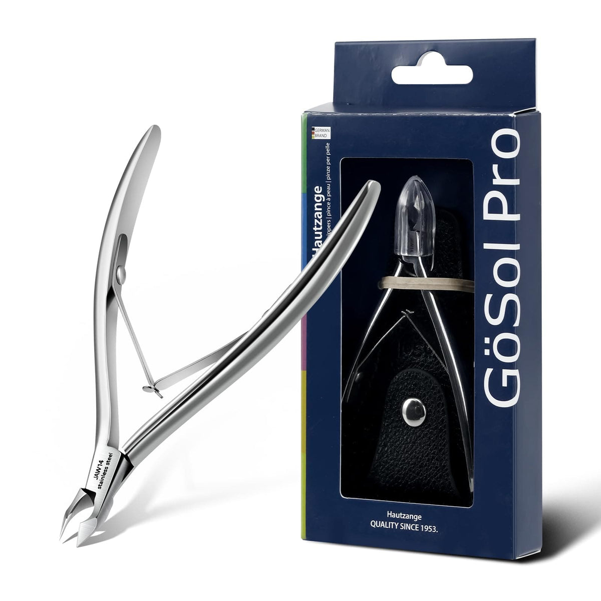GöSol Pro Cuticle Trimmer – 1/2 Jaw, Ultra-Sharp, Curved Handle, Stainless Steel, Black Leather Case