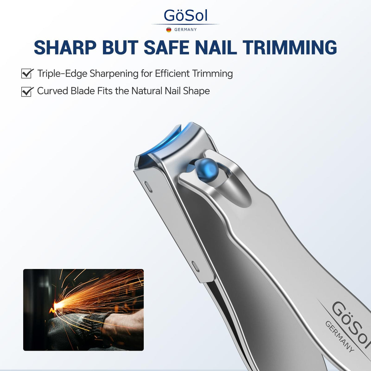 GöSol Medium Nail Clipper – Anti-Splash, Ultra-Sharp Curved Blades, Nail Catcher, Long Anti-Slip Handle, Stainless Steel