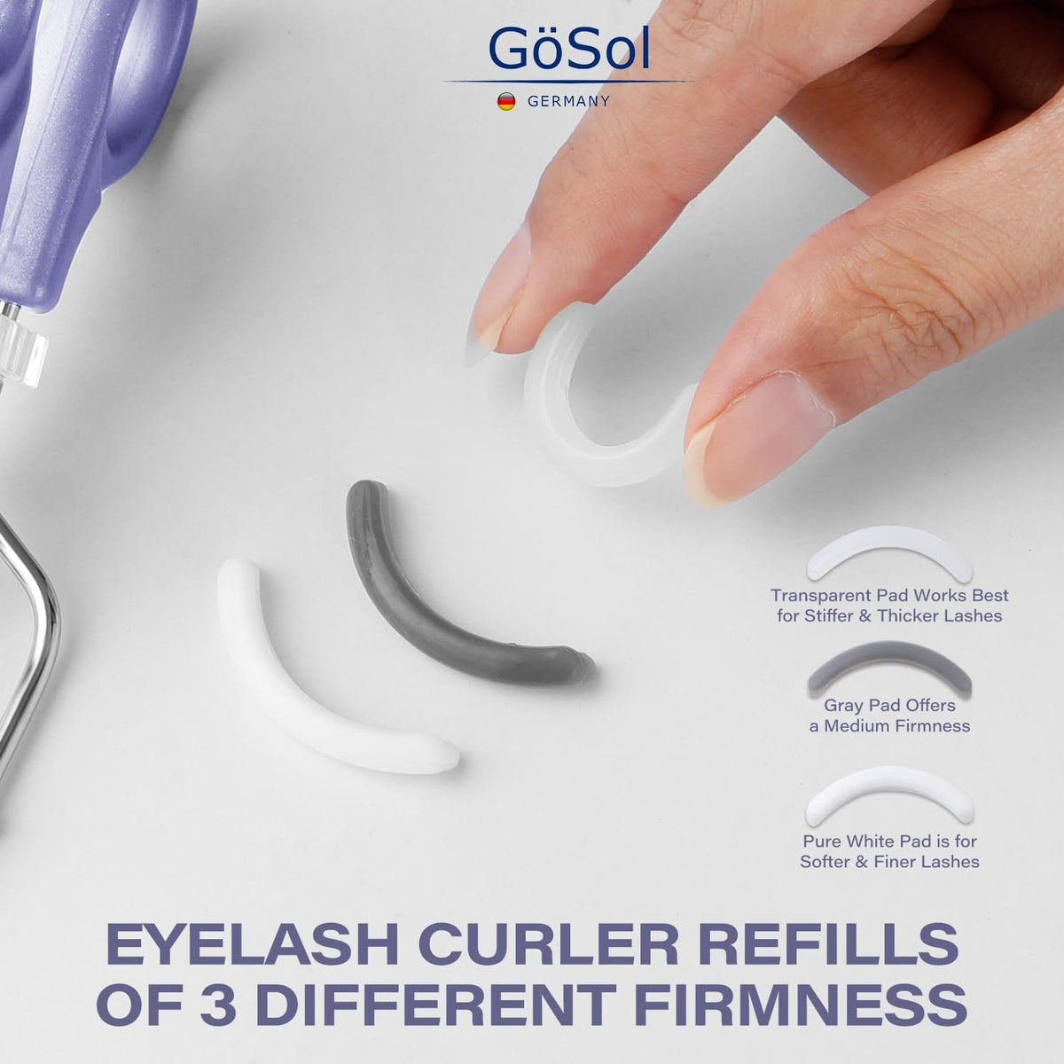 GöSol Professional Eyelash Curler with 3 Refill Pads – Stainless Steel, Wide-Angle, No Pinching, Plastic Case