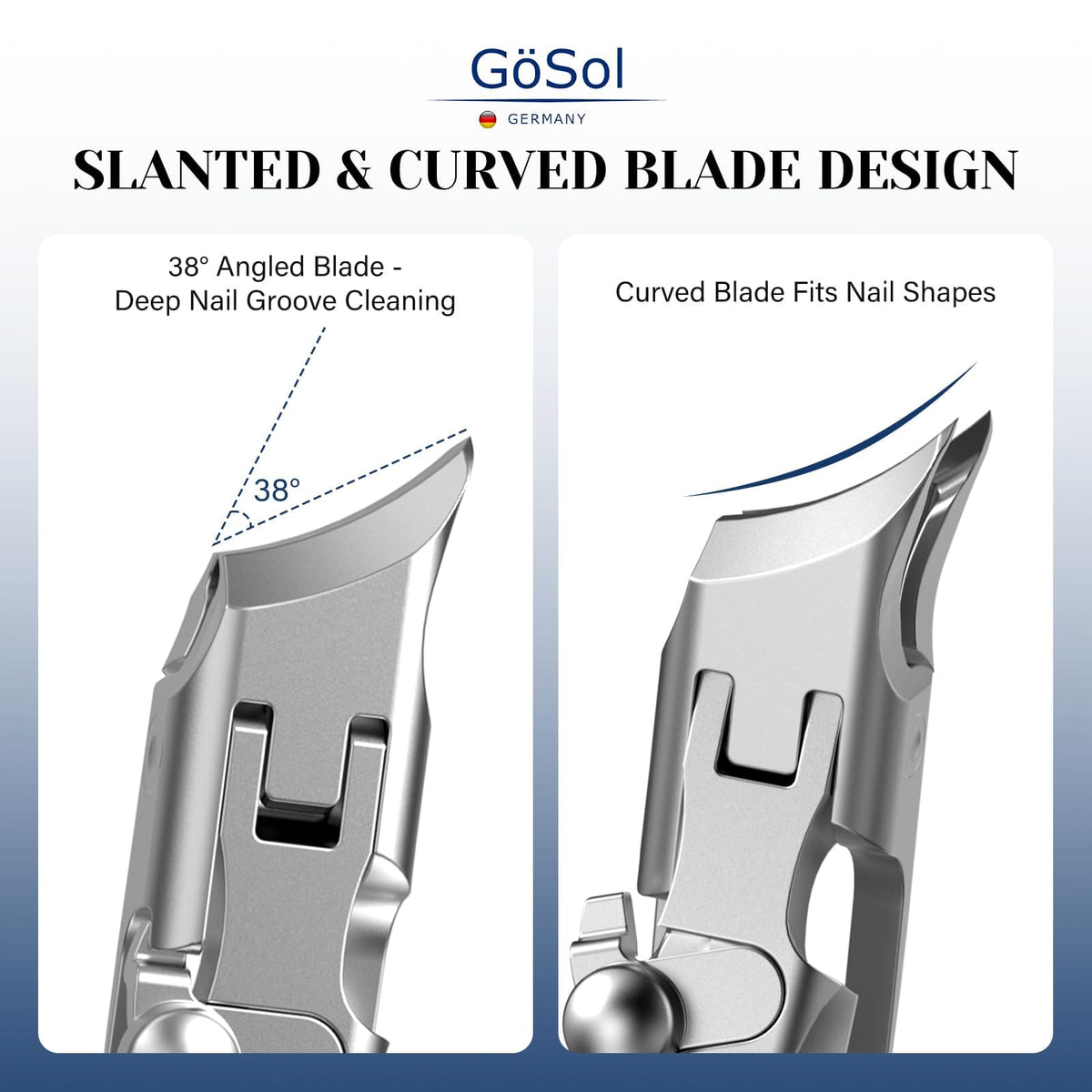 GöSol Ingrown Nail Clipper – Sharp Slanted Blades, Wide Jaw, Anti-Splash, One-Handed, Built-In Lock, Stainless Steel