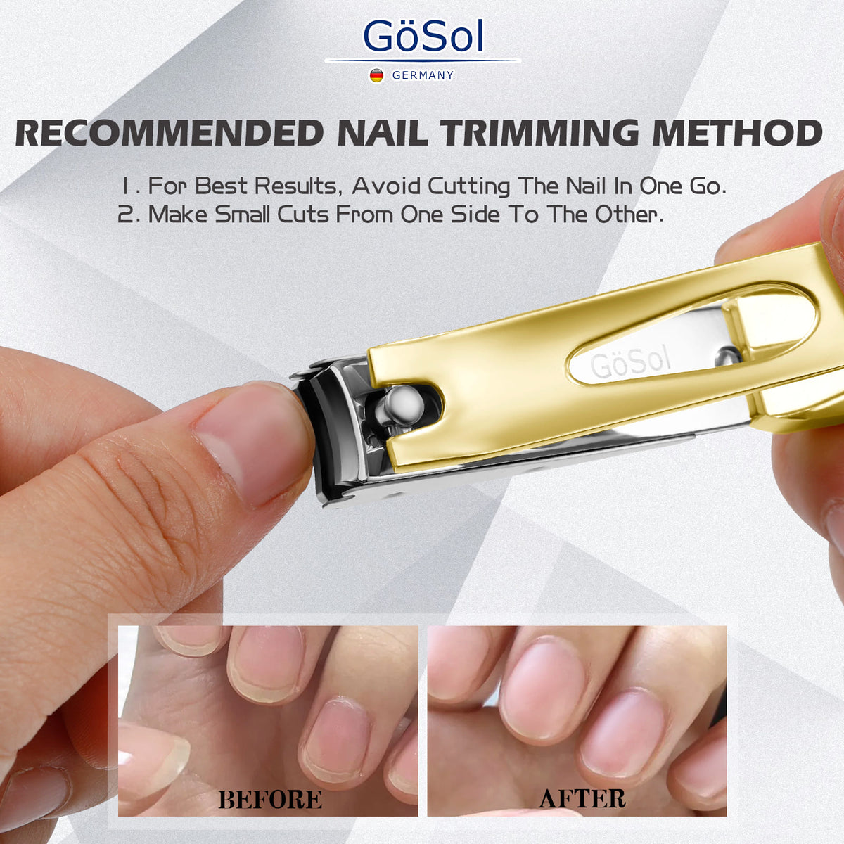 GöSol Anti-Splash Nail Clippers – Carbon Steel, Sharp Curved Blades, Nail Catcher, Secure Grip, Gold