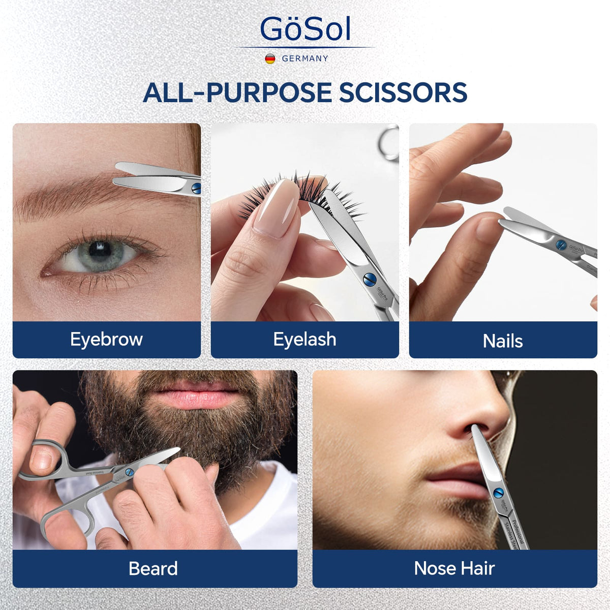 GöSol Eyebrow Scissors – Rounded Safety Tips, 25° Angled Design, 420 Stainless Steel, Black Leather Case