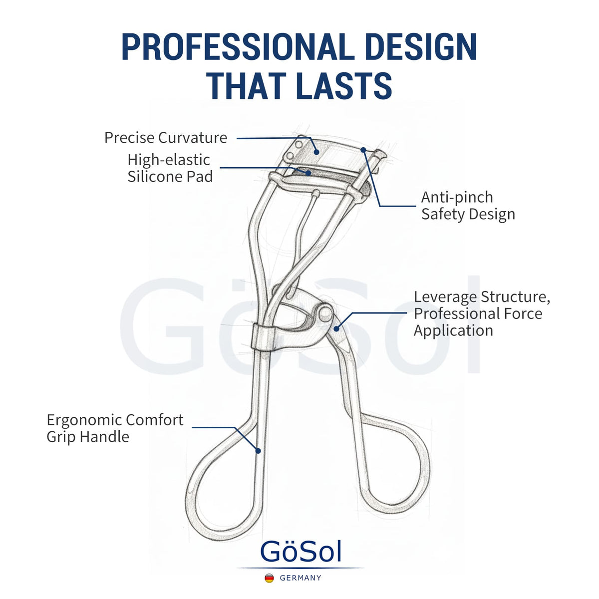 GöSol Eyelash Curler with 3 Refill Pads – Carbon Steel, Anti-Pinch, Fits Most Eye Shapes, Silver