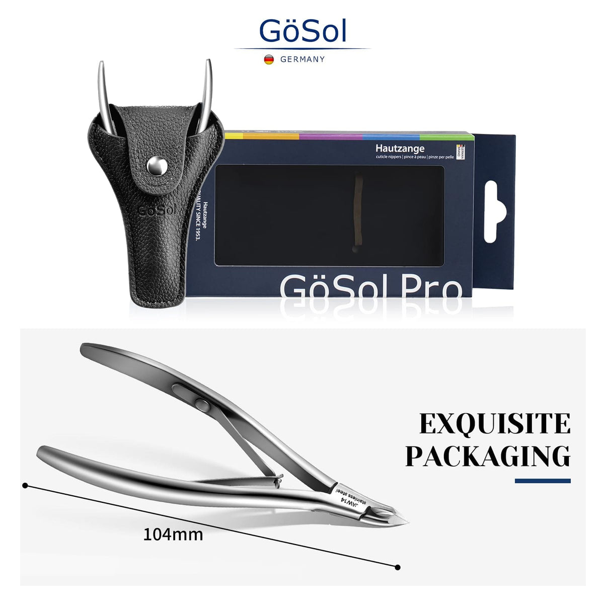 GöSol Pro Cuticle Trimmer – 1/2 Jaw, Ultra-Sharp, Curved Handle, Stainless Steel, Black Leather Case