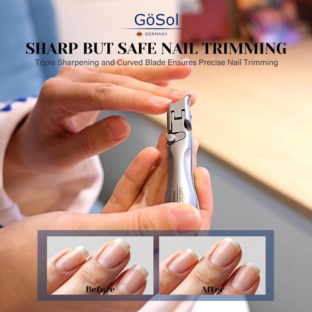 GöSol Ingrown Nail Clipper – Sharp Slanted Blades, Wide Jaw, Anti-Splash, One-Handed, Built-In Lock, Stainless Steel