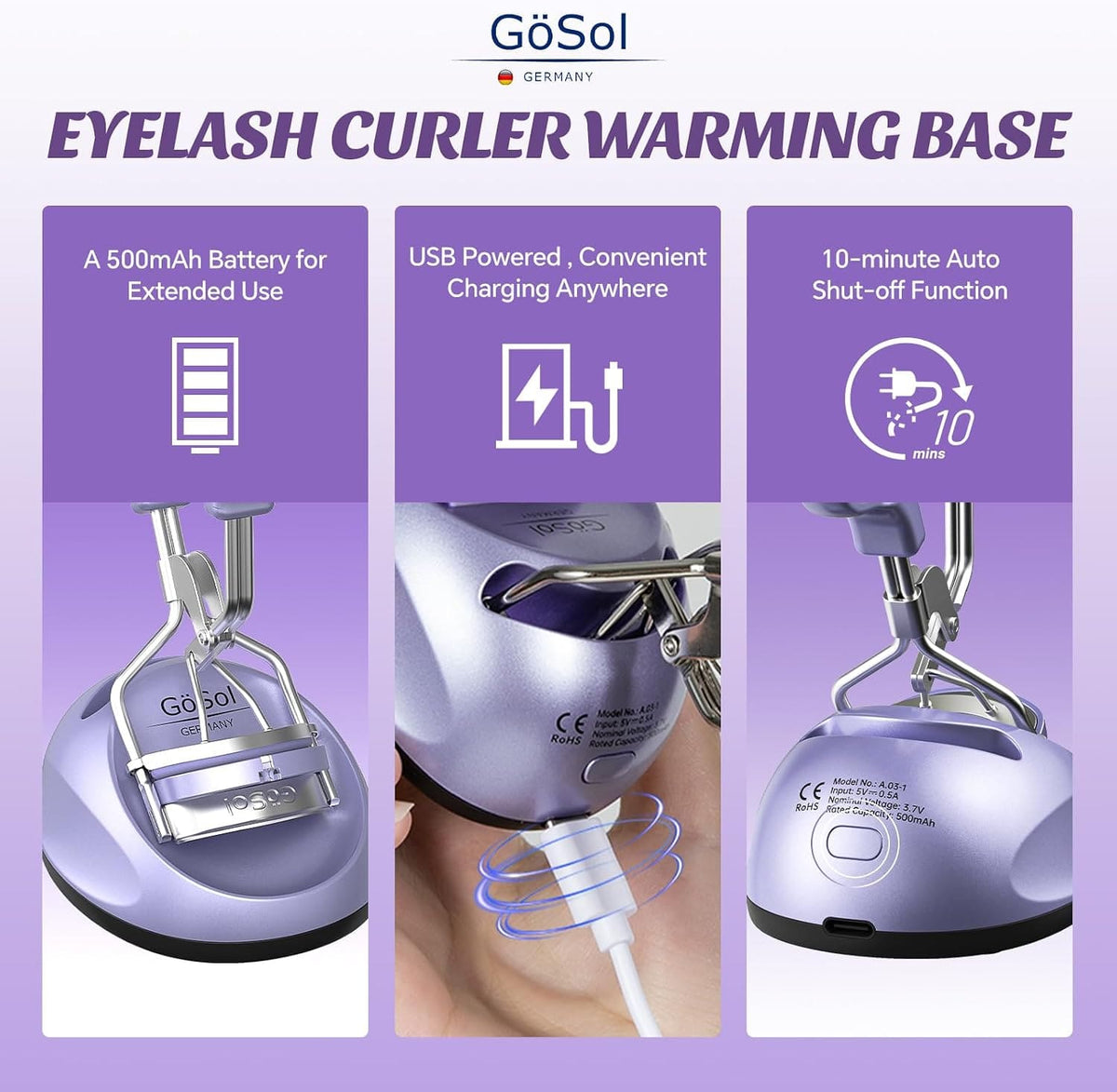 GöSol Heated Eyelash Curler Set – Warming Base, Constant Temperature, Safe Heating, USB Powered, 2 Refill Pads
