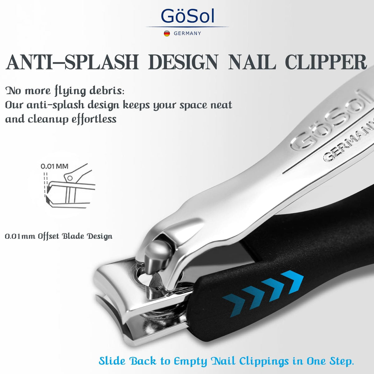 GöSol Anti-Splash Nail Clippers – Sharp Curved Blades, Detachable Catcher, Soft Anti-Slip Grip, Carbon Steel, Medium, Black