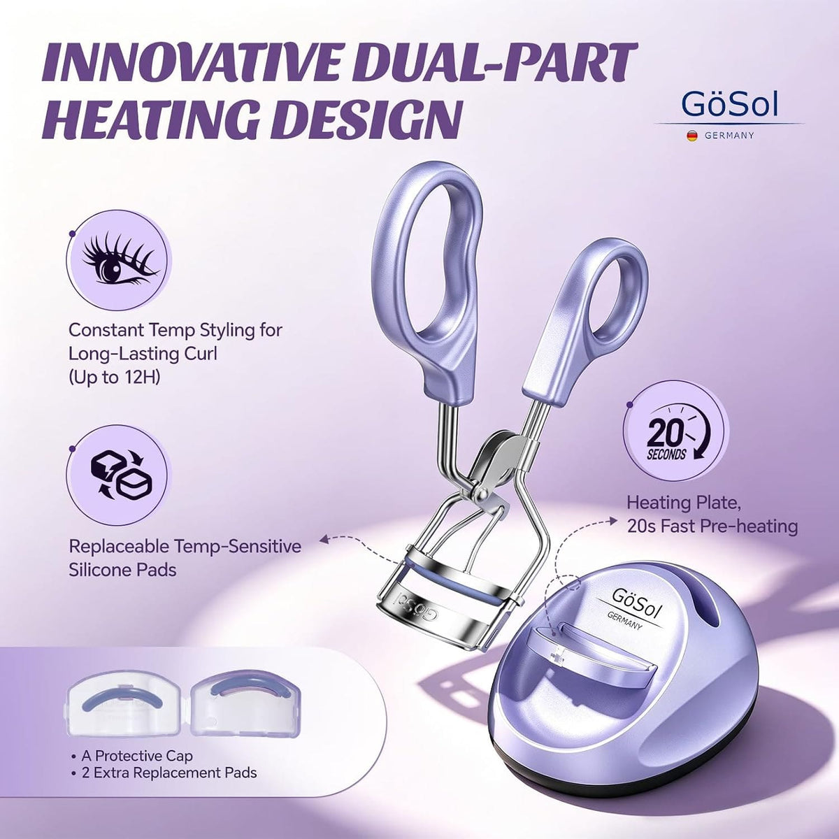 GöSol Heated Eyelash Curler Set – Warming Base, Constant Temperature, Safe Heating, USB Powered, 2 Refill Pads
