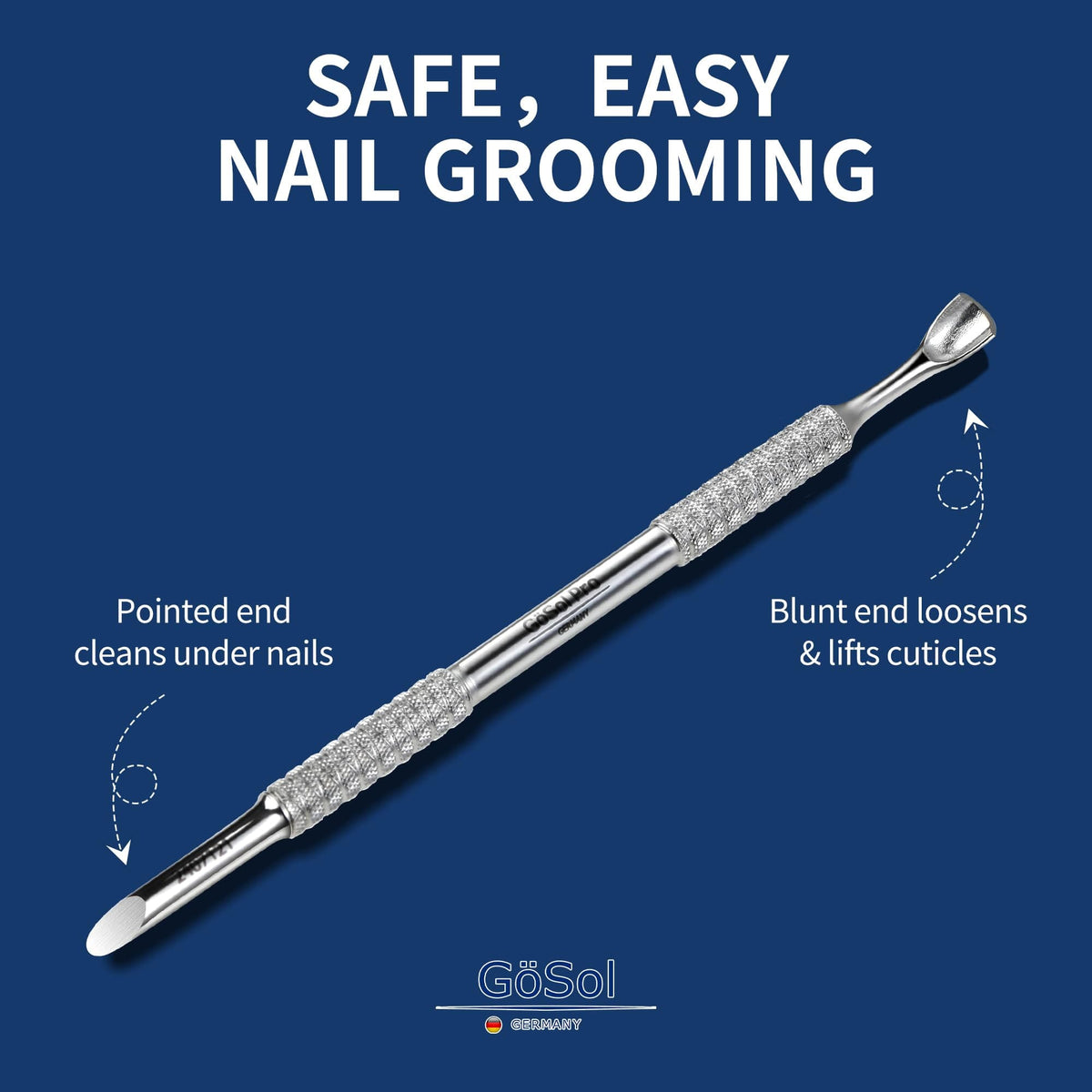GöSol Pro Cuticle Pusher – Double-Ended Cuticle Remover, Pointed & Horseshoe Ends, Stainless Steel