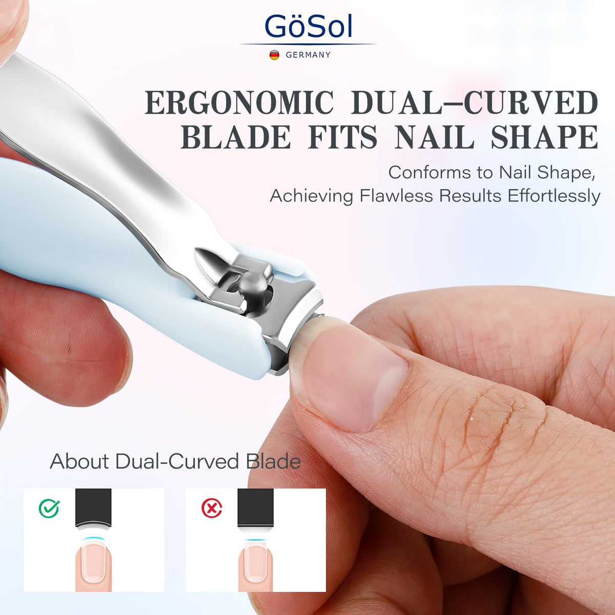 GöSol 2-Piece Nail Clipper Set with Storage Bag – Anti-Splash, Sharp Curved Blades, Nano Glass File, Carbon Steel, Light Blue