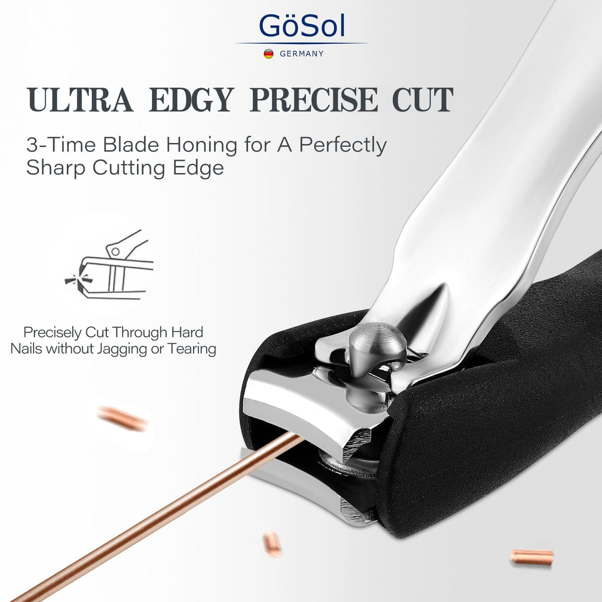 GöSol Anti-Splash Nail Clippers – Sharp Curved Blades, Detachable Catcher, Soft Anti-Slip Grip, Carbon Steel, Medium, Black