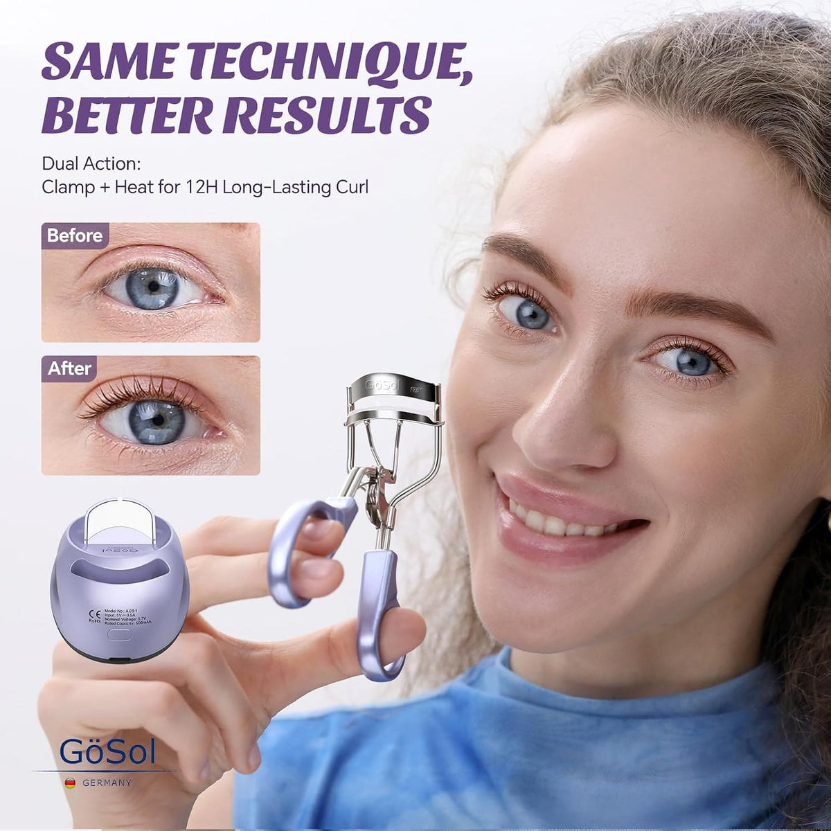 GöSol Heated Eyelash Curler Set – Warming Base, Constant Temperature, Safe Heating, USB Powered, 2 Refill Pads