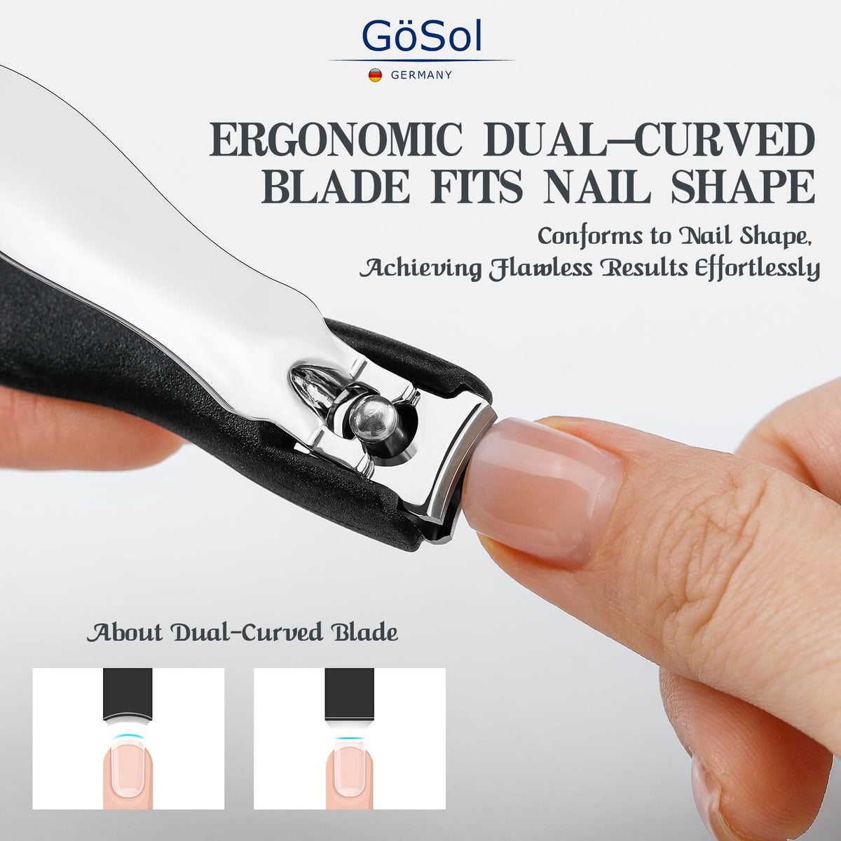 GöSol Anti-Splash Nail Clippers – Sharp Curved Blades, Detachable Catcher, Soft Anti-Slip Grip, Carbon Steel, Medium, Black
