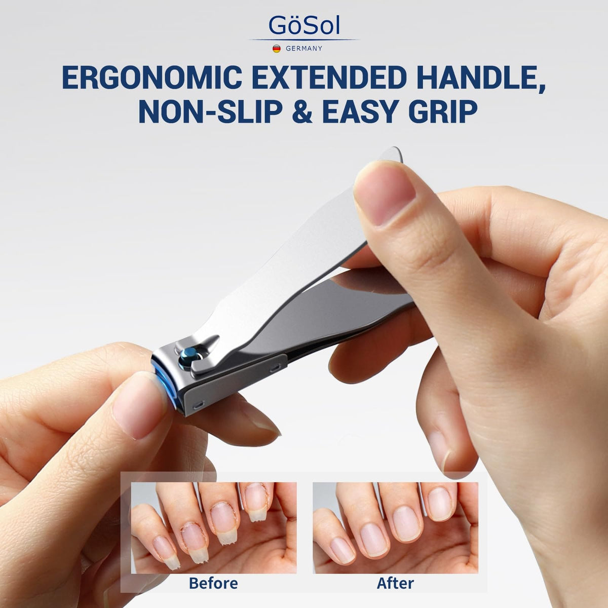 GöSol Medium Nail Clipper – Anti-Splash, Ultra-Sharp Curved Blades, Nail Catcher, Long Anti-Slip Handle, Stainless Steel