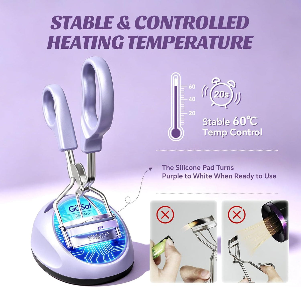 GöSol Heated Eyelash Curler Set – Warming Base, Constant Temperature, Safe Heating, USB Powered, 2 Refill Pads