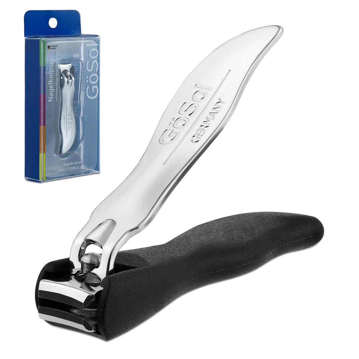 GöSol Anti-Splash Nail Clippers – Sharp Curved Blades, Detachable Catcher, Soft Anti-Slip Grip, Carbon Steel, Medium, Black