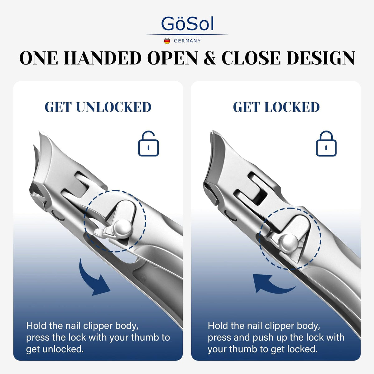 GöSol Ingrown Nail Clipper – Sharp Slanted Blades, Wide Jaw, Anti-Splash, One-Handed, Built-In Lock, Stainless Steel