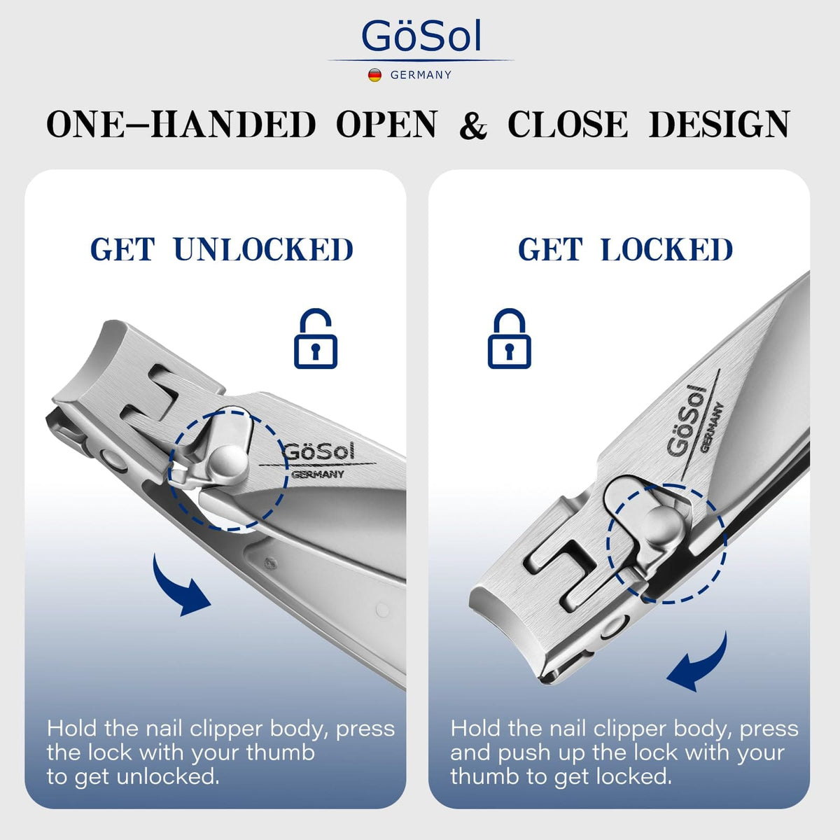 GöSol Heavy-Duty Nail Clipper – Wide Jaw for Thick Nails, Built-in Lock, Anti-Splash, One-Handed, Built-In File