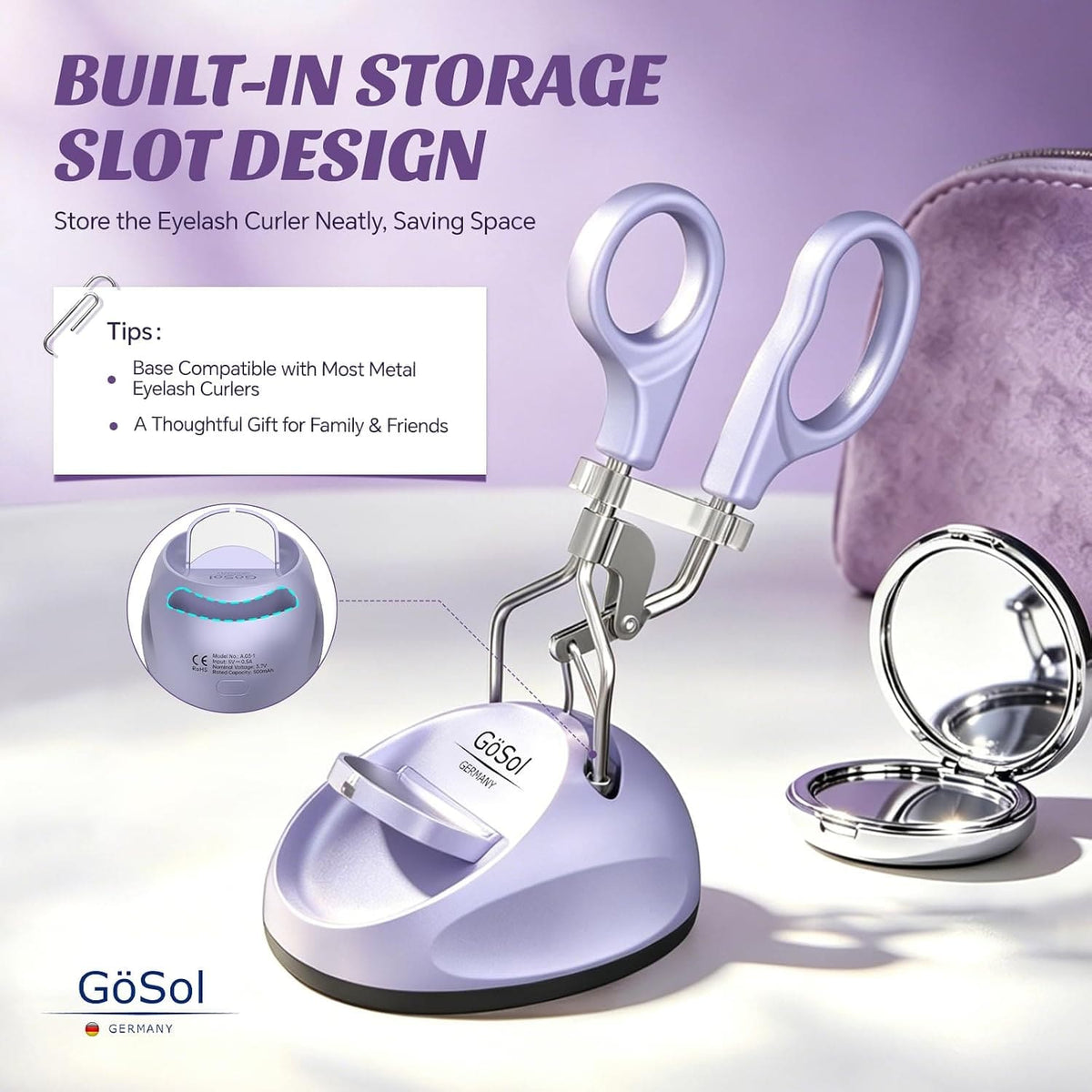 GöSol Heated Eyelash Curler Set – Warming Base, Constant Temperature, Safe Heating, USB Powered, 2 Refill Pads